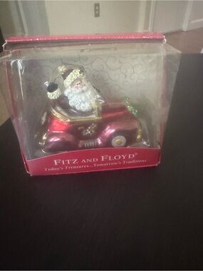 Fitz and Floyd Red Santa Driving Car Christmas Ornament with Gold Accents